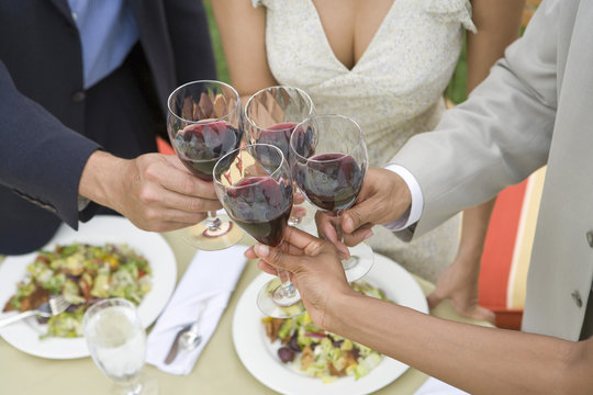 Cropped image of diverse friends toasting wine at dinning table