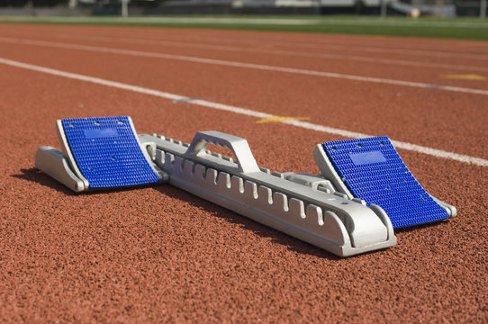 Closeup of starting block on running track