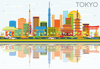 Tokyo Skyline with Color Buildings, Blue Sky and Reflections.