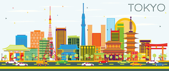 Tokyo Skyline with Color Buildings and Blue Sky.