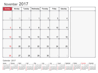 Calendar Planner Design November 2017 year vector calendar design