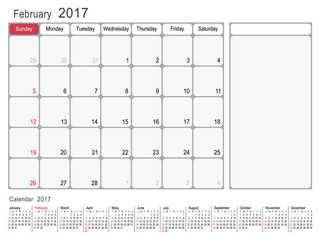 Calendar Planner Design February 2017 year vector calendar design