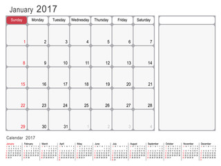 Calendar Planner Design January 2017 year vector calendar design