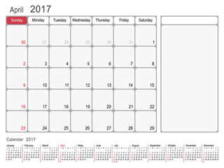 Calendar Planner Design April 2017 year vector calendar design