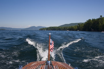 The view from a speed boat on Lake George, the Adirondack Mountains, New York State