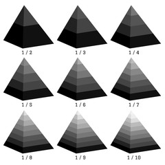 Set of black isometry pyramid not symmetrical charts. Business data, monochrome elements for infographics. Vector