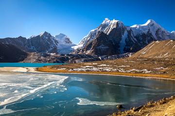 Naklejka premium Gurudongmar Lake in North Sikkim India - One of the high altitude lakes in the world located at 17800 ft.