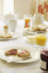 Closeup of breakfast set on table at home