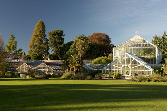 The glasshouses on an autumn day in The Cambridge Botanic Garden, Cambridge, Cambridgeshire