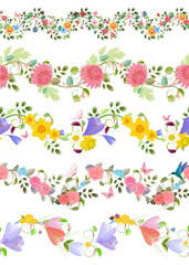 fashion floral set of seamless borders with roses, crocus, chrys
