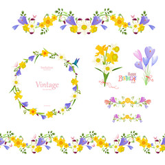 spring floral collection.  seamless border and cute wreath,  pre