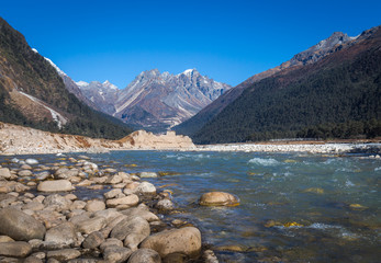Teesta river flowing through the valley of Yumthang in North Sikkim India. 