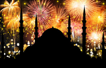 Silhouette of mosque with colorful abstract background