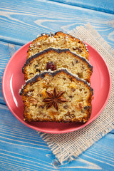 Fresh baked fruitcake on plate on blue boards