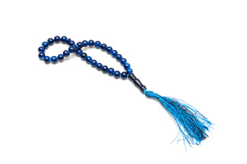 Blue rosary isolated on white background