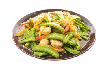 Fried vegetable with shrimp or prawn in plate