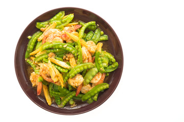 Fried vegetable with shrimp or prawn in plate