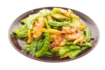 Fried vegetable with shrimp or prawn in plate
