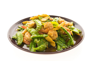 Fried vegetable with shrimp or prawn in plate