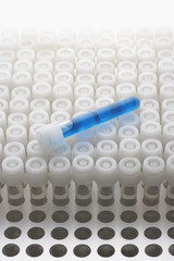 Blue test tube lying on empty test tubes