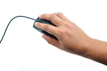 Male hand holding computer mouse isolated on white