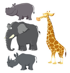 African big wild animals set. Hippo, elephant, rhinoceros and giraffe. Cartoon vector illustration