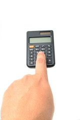 calculator with finger isolated on white