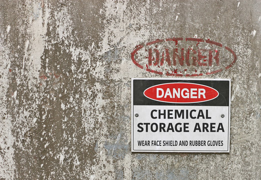 red, black and white Danger, Chemical Storage Area warning sign