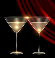 two glasses and red drape