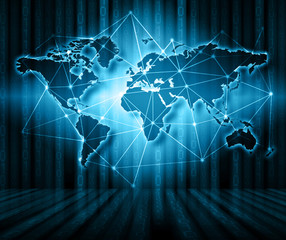 World map on a technological background, glowing lines symbols of the Internet, radio, television, mobile and satellite communications.