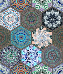 Oriental seamless pattern in style of colorful floral patchwork boho chic with mandala in hexagon elements