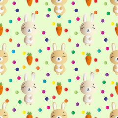 seamless pattern with smiling brown bunnies  and orange carrots on a green background 