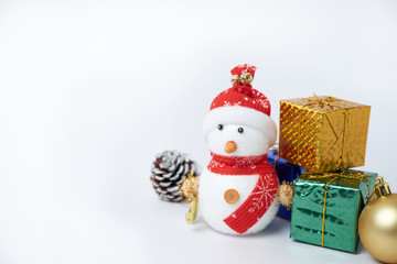 Gift boxs on Christmas with snowman and some decoration on white background, celebration christmas and happy new year 2017.