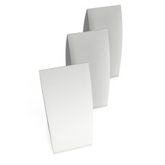 Three blank paper tent cards. 3d render illustration isolated. Table cards mock up on white background.