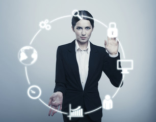 business brunette young woman isolated holding hands on touch sc