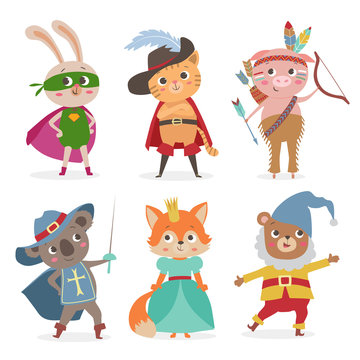Cute animal kids in different costume. Cartoon vector illustrati