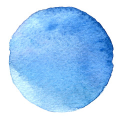 Blue watercolor circle. Stain with paper texture. Design element isolated on white background. Hand drawn abstract template