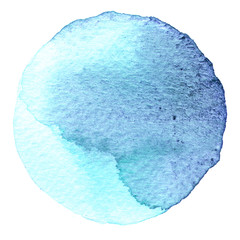 Blue watercolor circle. Stain with paper texture. Design element isolated on white background. Hand drawn abstract template