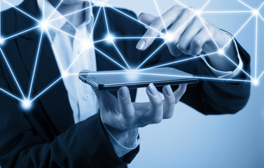 Wireless connection futuristic concept woman hand hold smartphon