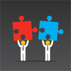 Merger concept. Two businessmen trying to connect red and blue puzzles. Vector illustration on black background.