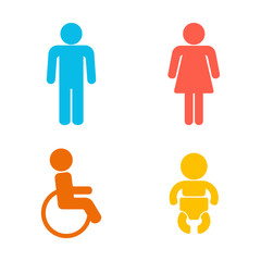 Obraz premium Set of 4 restroom web and mobile icons. Man, woman, child, disability. Vector illustration isolated on white