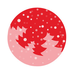 Fir tree flat with snowflakes. Vector illustration. Pink fir on hot red background