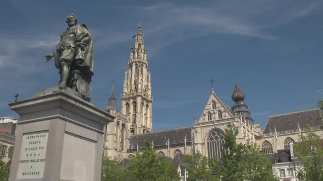 CLOSE UP: Stunning Cathedral of our Lady behind Petro Paulo Rubens statue 