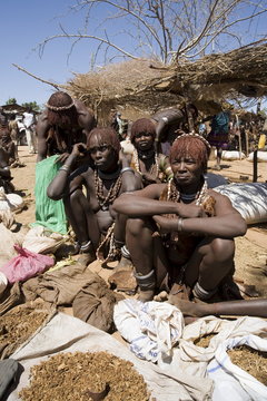 Women of the Hamer tribe, their hair treated with ochre, water and resin and twisted into tresses known as goscha, Lower Omo Valley, southern Ethiopia, Ethiopia