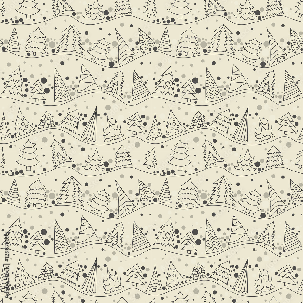 Poster seamless vintage new year vector thin line pattern of different christmas trees on the hills. black 