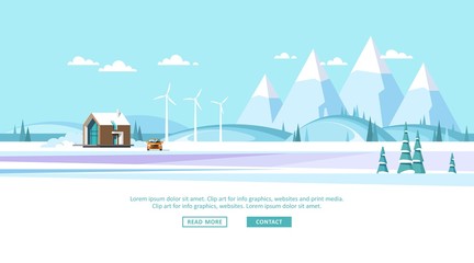 Modern suburban house on a background of a winter landscape with hills and mountains. Vector illustration for info graphic, websites and print media.