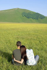Rear view of young couple sitting together on grassy field at against mountain at park