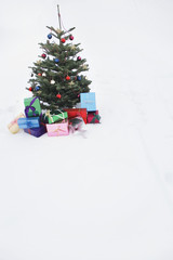 Christmas tree with presents in snow