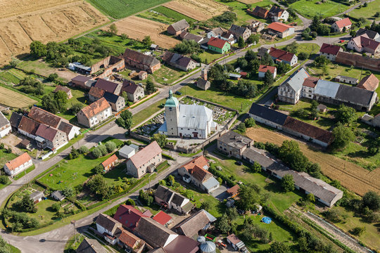 aerial view of  the village and harvest fields