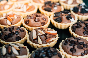 Cake chocolate brownies tarts, close up.,vintage tone